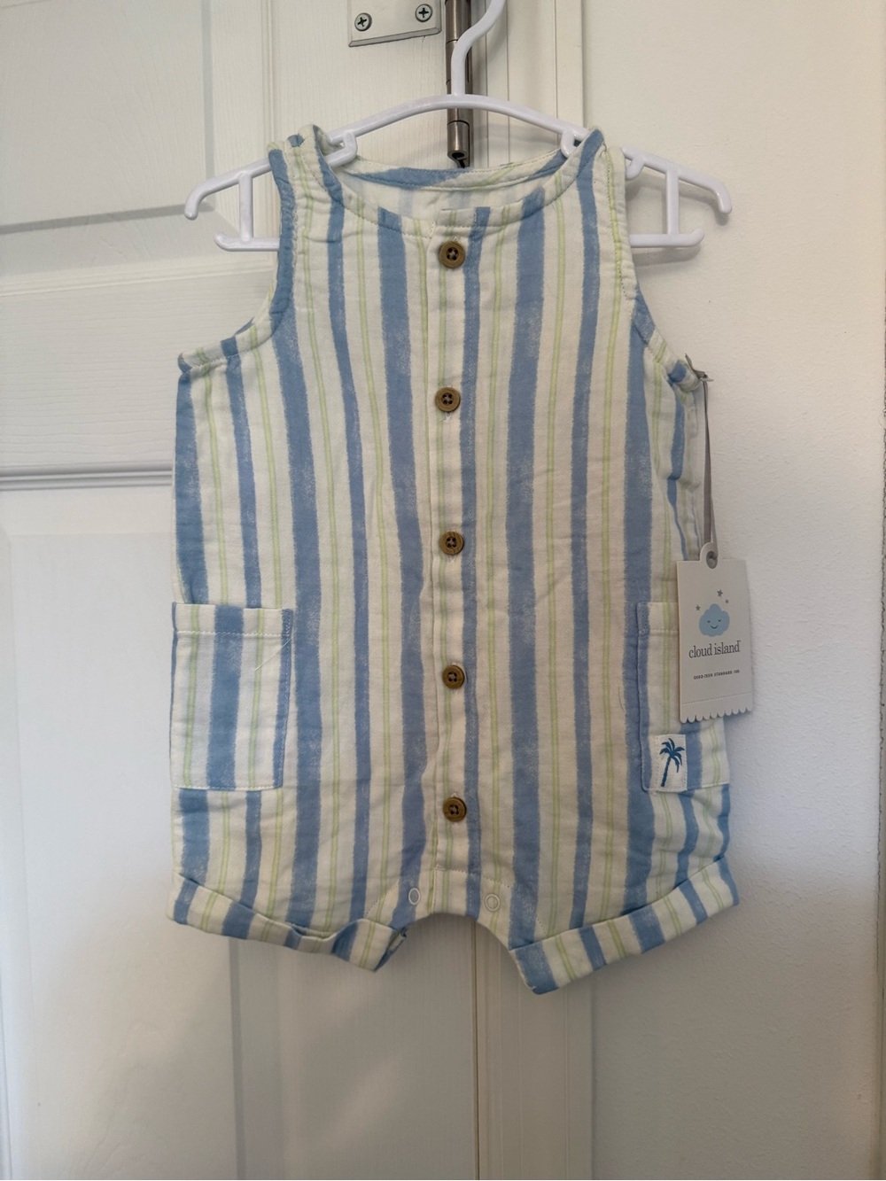 Striped Sleeveless Baby Romper in Blue, White & Light Green